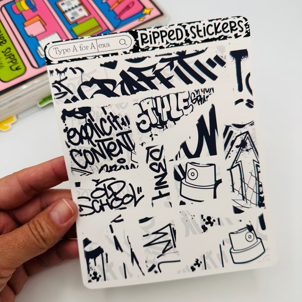 Black and White Graffiti Torn Paper Sticker Sheet